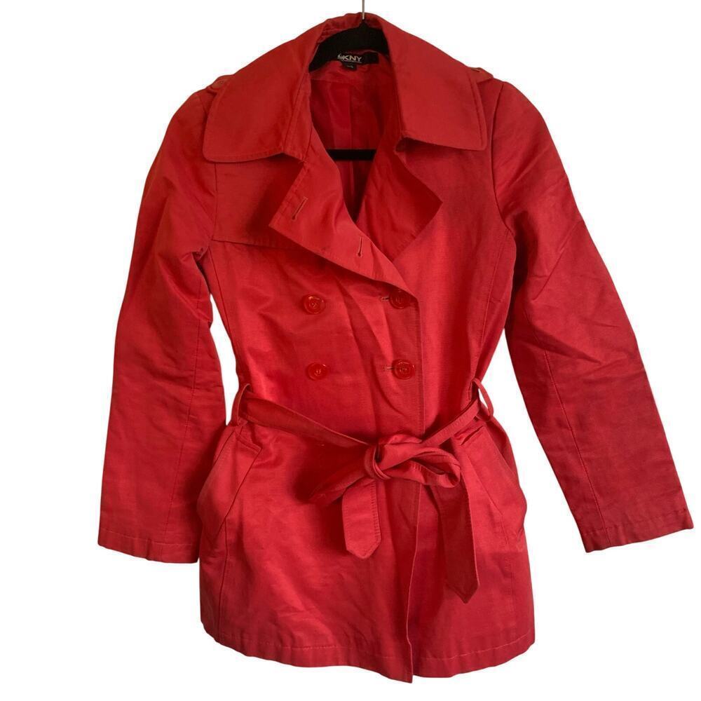 90’s DKNY Red Double Breasted Short Rain Trench Coat Size XS Classic Colorful